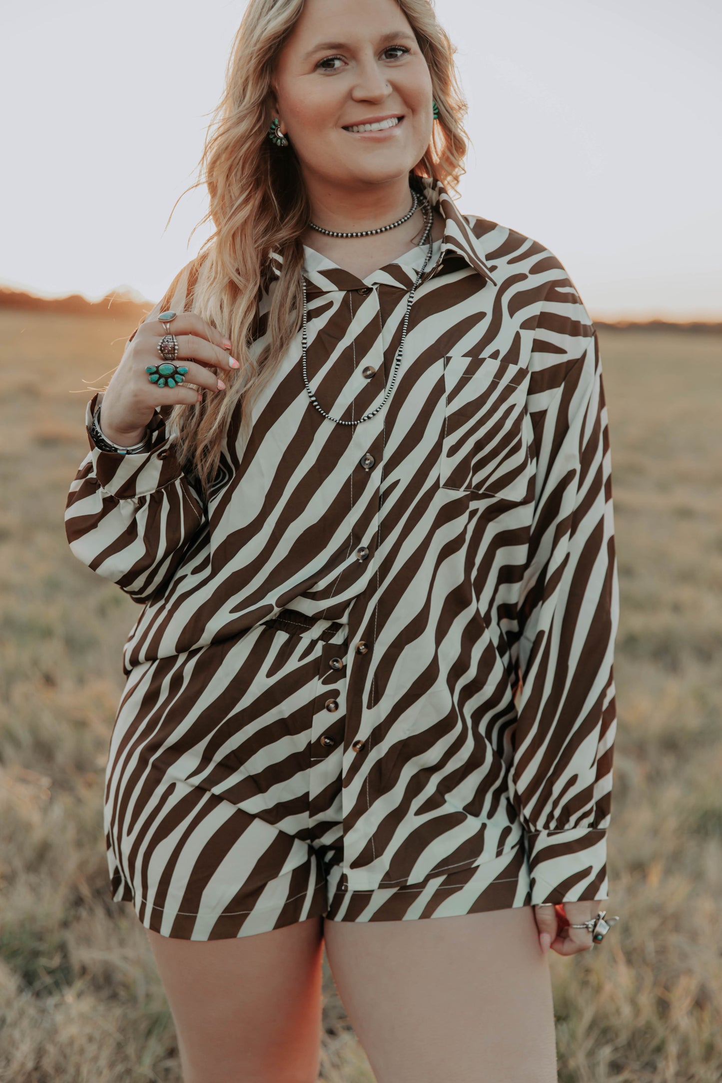 Women's Brown Zebra Print Shirt and Shorts Loungewear Set