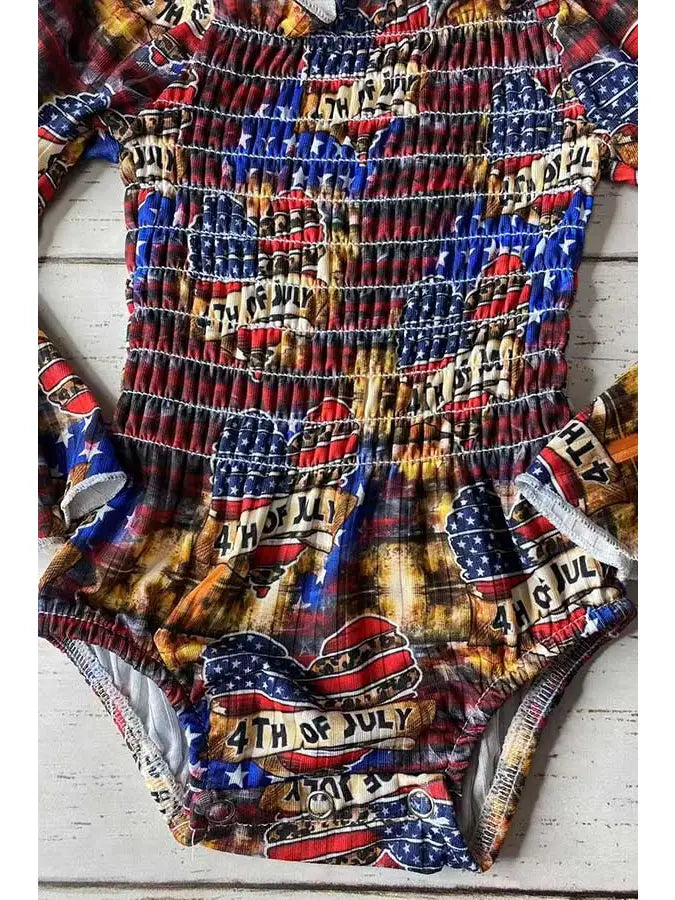 4TH OF JULY HEART BELL SLEEVE SMOCKED BABY ROMPER