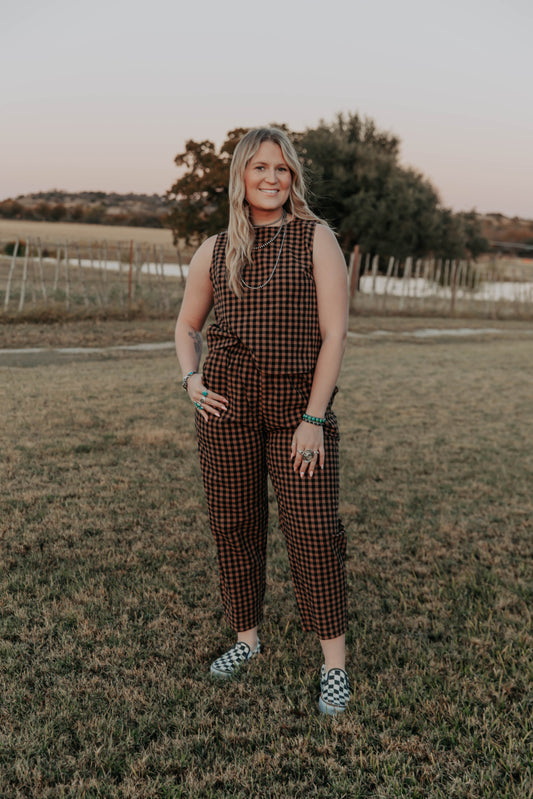 Gingham Tank Tops Plaid Print Wide Leg Pants Set