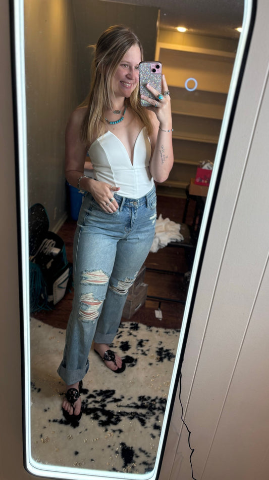 WHITE V-NECK BODYSUIT image 1