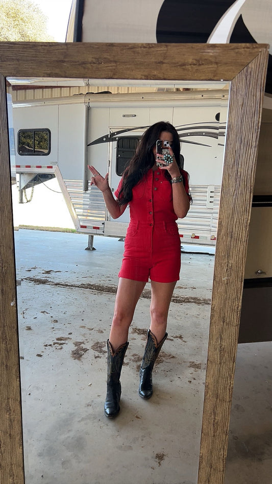 RED DENIM ROMPER