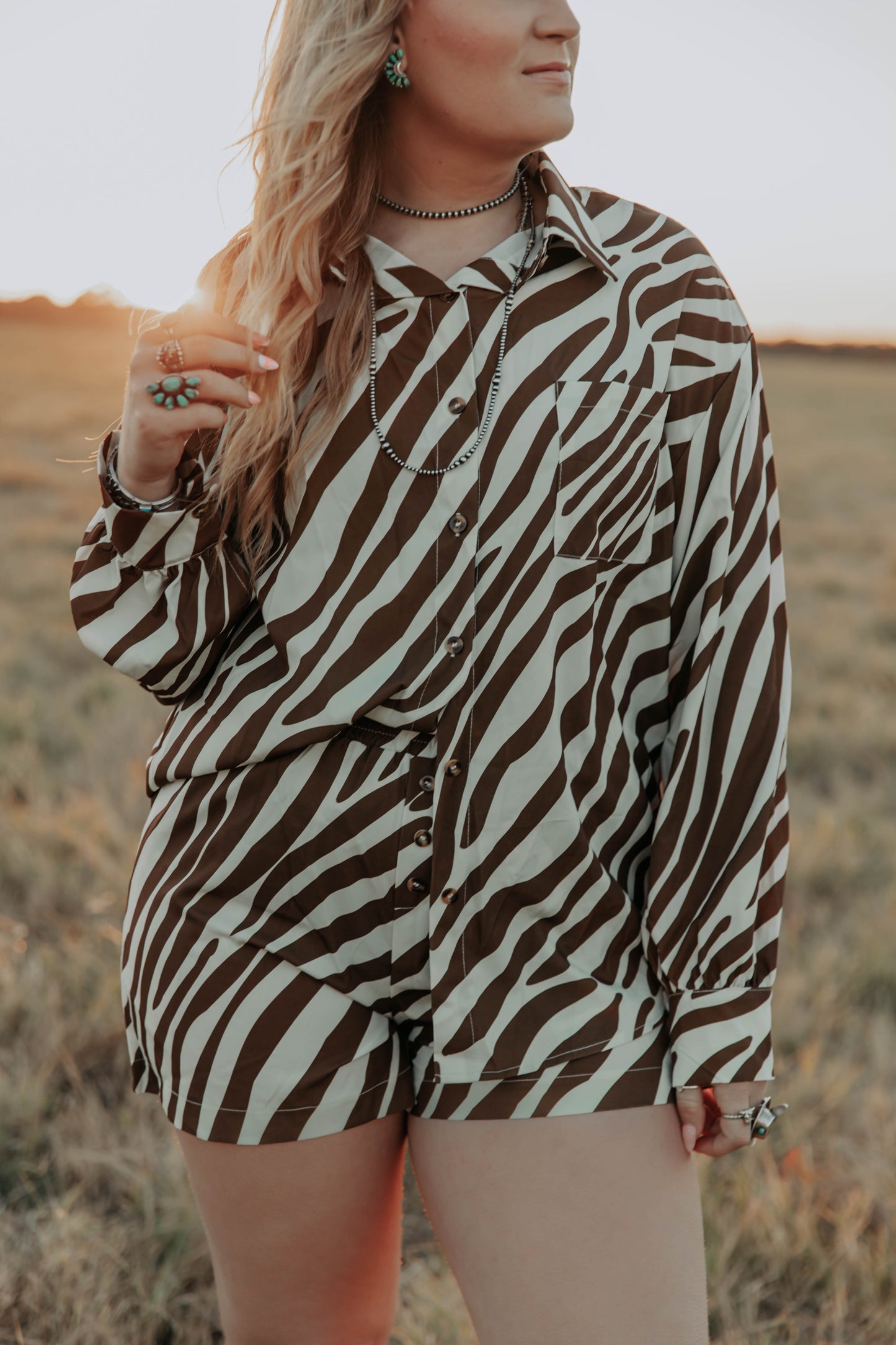 Women's Brown Zebra Print Shirt and Shorts Loungewear Set