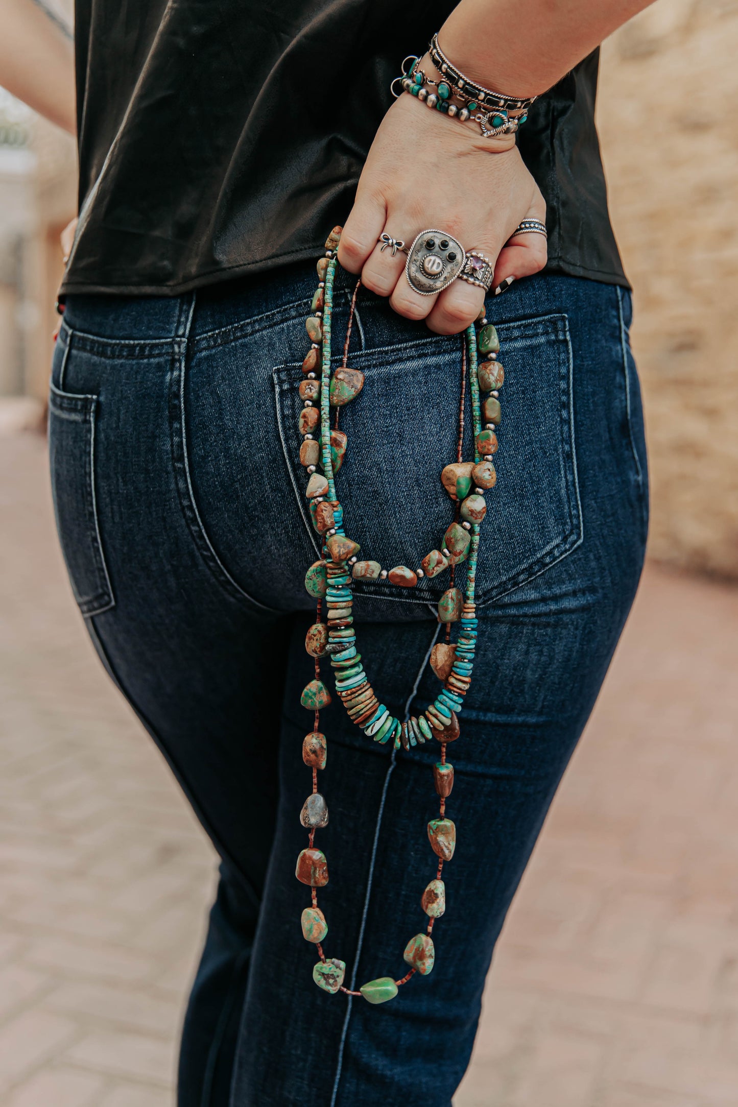 34” LONG TURQUOISE NUGGET & BROWN SHELL