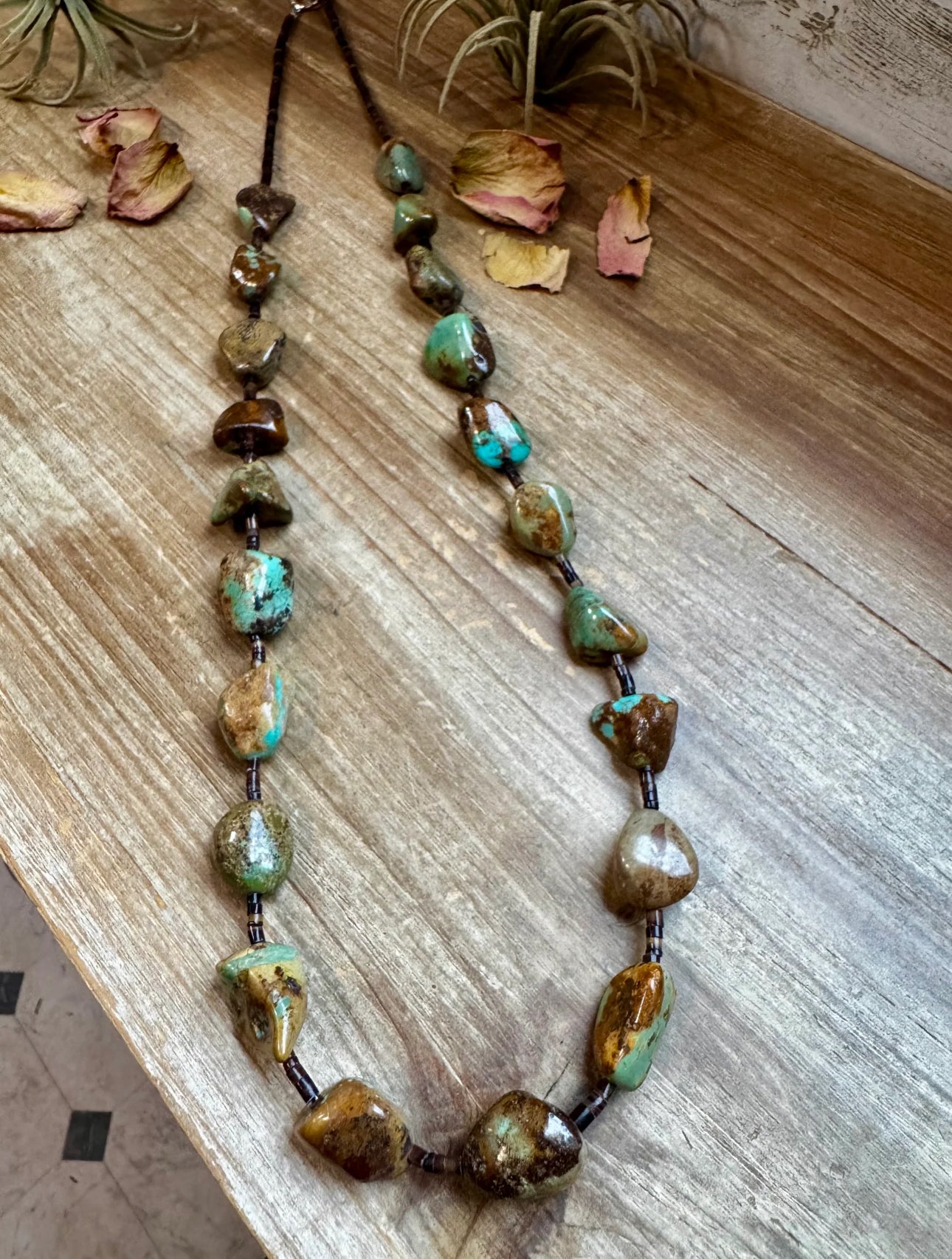34” LONG TURQUOISE NUGGET & BROWN SHELL