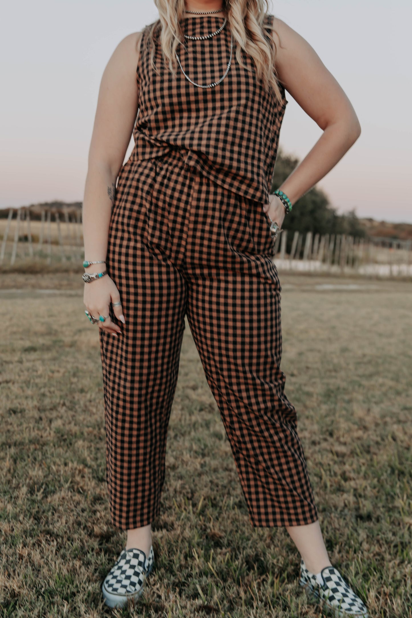 Gingham Tank Tops Plaid Print Wide Leg Pants Set