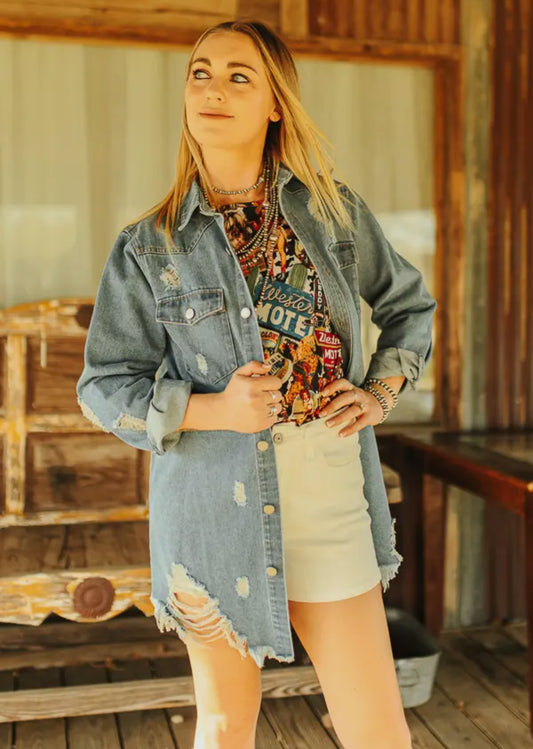 PLUS SIZE DENIM DISTRESSED JEAN JACKET