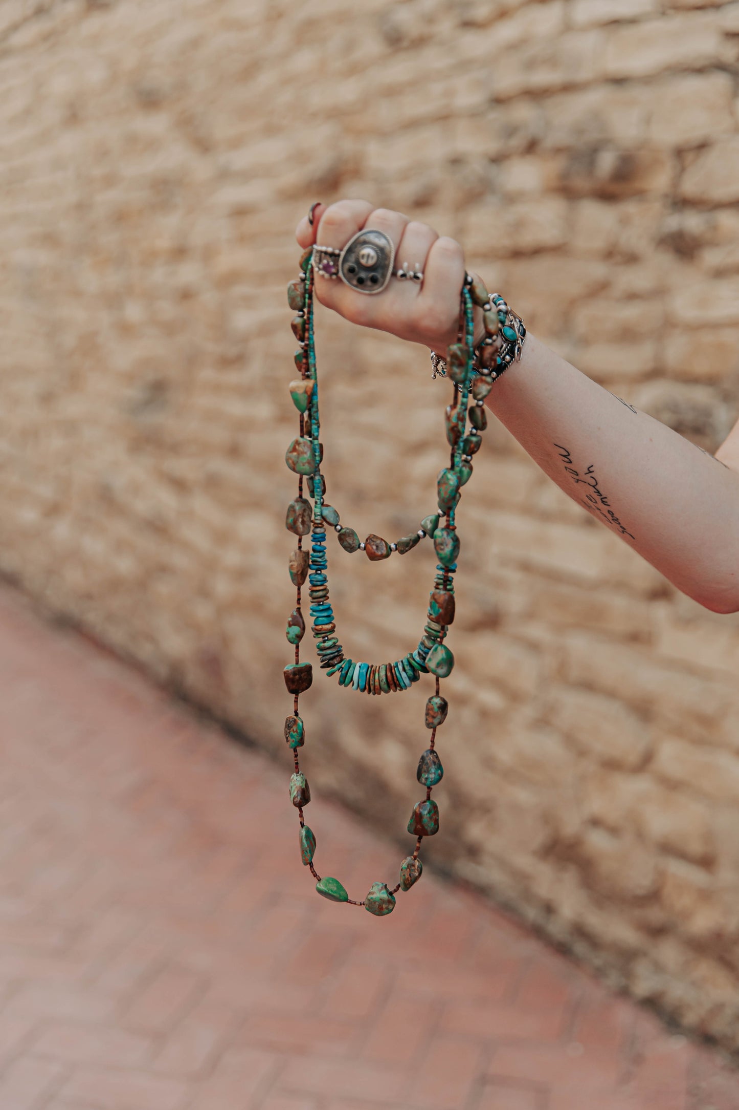 34” LONG TURQUOISE NUGGET & BROWN SHELL