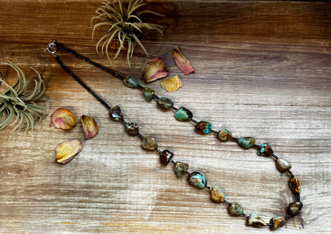 34” LONG TURQUOISE NUGGET & BROWN SHELL