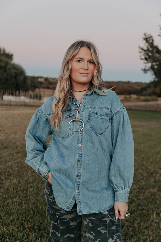 Light Washed Heart Oversized Denim Top