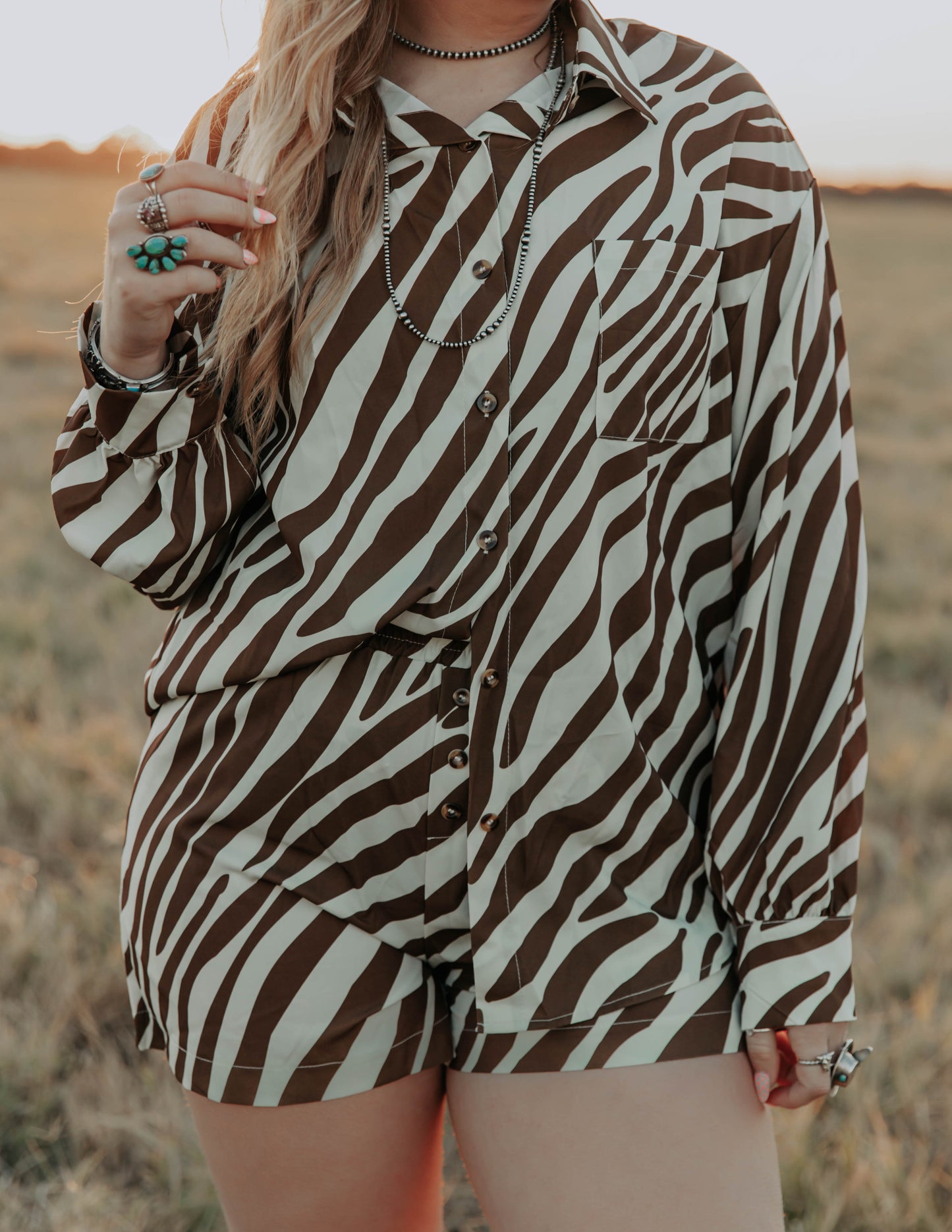 Women's Brown Zebra Print Shirt and Shorts Loungewear Set