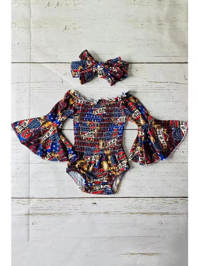 4TH OF JULY HEART BELL SLEEVE SMOCKED BABY ROMPER