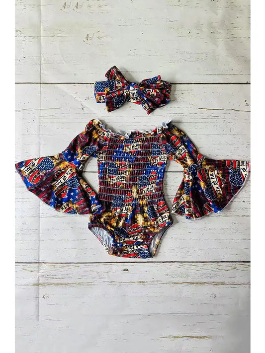 4TH OF JULY HEART BELL SLEEVE SMOCKED BABY ROMPER